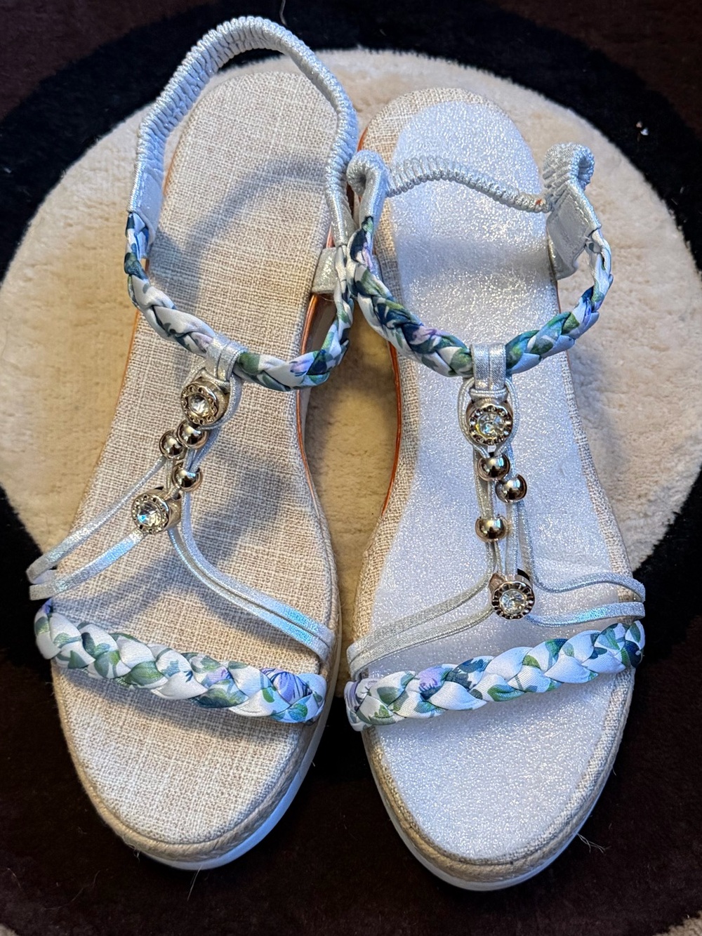 Women's Silver Braided Strap Sandals with Decorative Charms